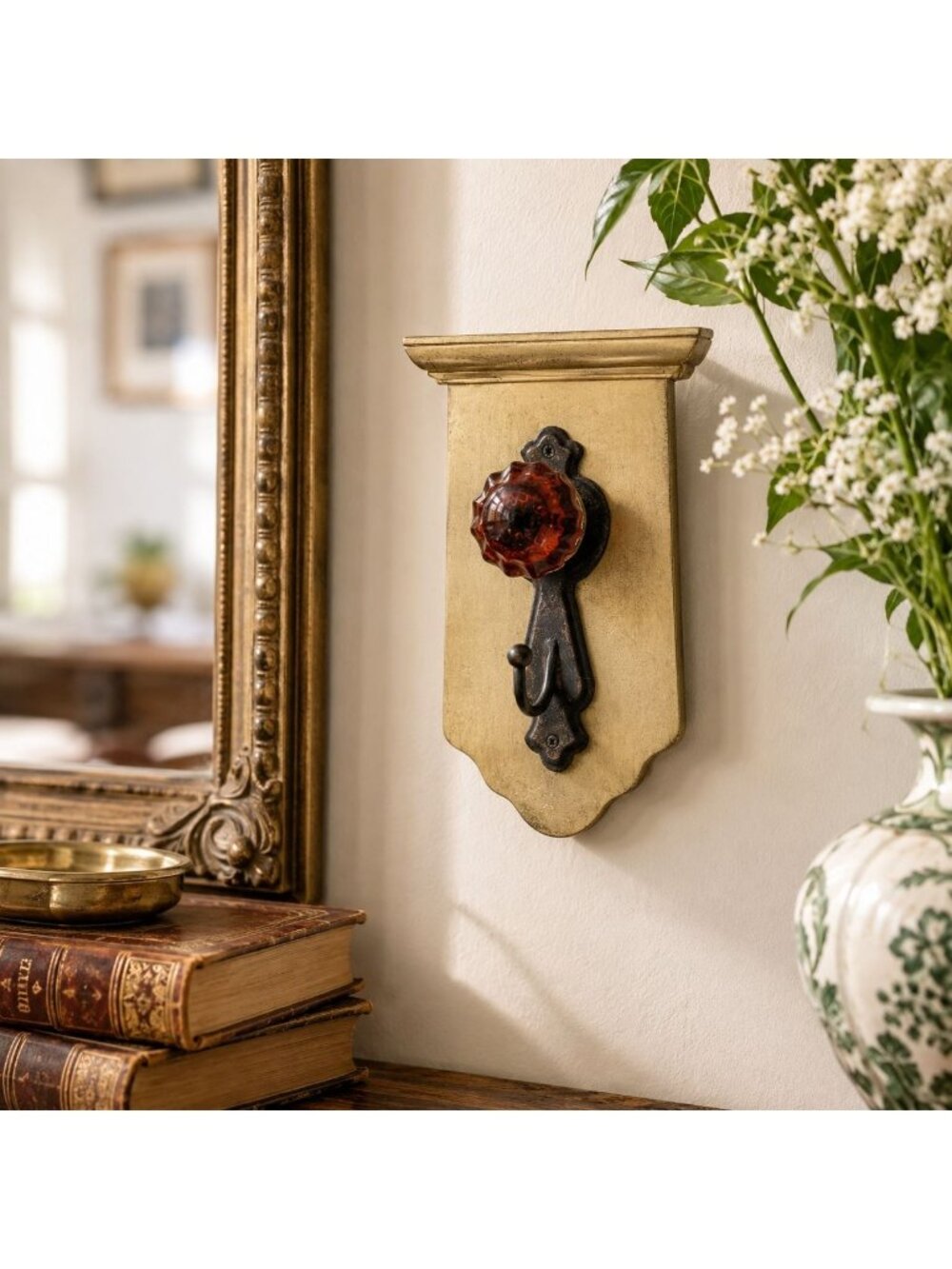 Vintage Wall-Mounted Decorative Hook With Amber Glass Knob And Distressed Gold B